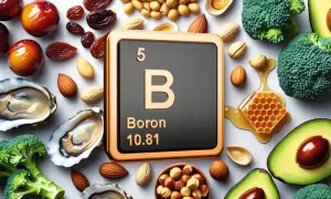 Bor wirkung: Austern, Mandeln, Honig, Brokkoli und Avocado umgeben ein Symbol für Bor.