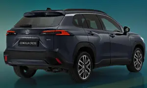 Ciemnogranatowy Toyota Corolla Cross Hybrid, widok z tyłu. Elegancki crossover z nowoczesnymi światłami LED i oznaczeniem "HEV".