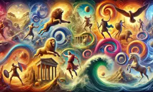 Hercule affronte le lion de Némée, entouré de scènes mythologiques vibrantes. Les 12 travaux d'Hercule prennent vie dans un tourbillon de couleurs et de créatures fantastiques.