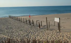 Plaża z siatką i znakiem stop, wyznaczająca granicę polsko rosyjską. Morze w tle.