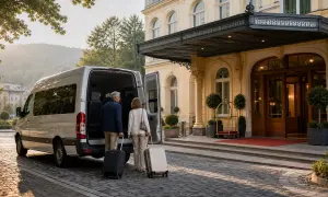 Ein Paar mit Koffern steigt aus einem Van vor einem eleganten Hotel in Mariánské Lázně.