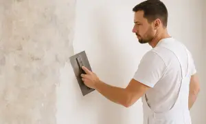 Mann trägt mit Glättekelle Rollputz auf eine Wand auf.