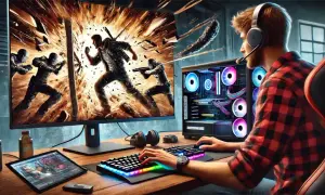 Un joueur aux écouteurs affronte une explosion numérique sur son écran, le **input delay** le ralentissant dans l'action.