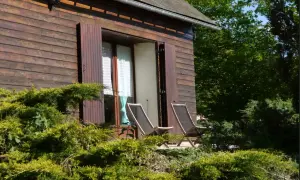 Chalet en bois avec étang de pêche privé en Franche-Comté. Deux chaises longues sur la terrasse, entourées de verdure luxuriante.