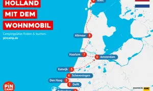 Die Holland Route mit dem Wohnmobil führt von Rotterdam über Delft, Den Haag, Scheveningen, Katwijk, Haarlem, Alkmaar bis nach Texel. Campingplätze finden & buchen: pincamp.de