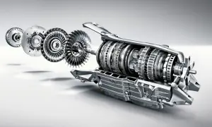 Rozłożony na części 7G-TRONIC: koło zamachowe, sprzęgło, turbina i precyzyjne tryby skrzyni biegów.