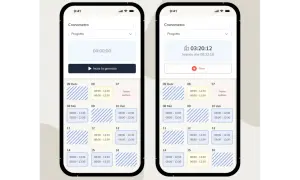 Schermate di un'app per timbrature: una mostra il cronometro a zero, l'altra con 3 ore registrate.