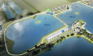Mapa kompleksu łowisko kuter port. Widok z lotu ptaka na jeziora, domki, parkingi, toalety i sklepik.