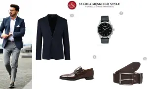 Elegancki mężczyzna w granatowej marynarce i szarych spodniach. Inspiracja, jak się ubrać na 40 urodziny mężczyzna: marynarka, spodnie, pasek, buty, zegarek.