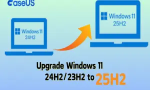Grafika przedstawia proces aktualizacji systemu Windows 11 24H2 do nowszej wersji 25H2, symbolizowany przez strzałkę.