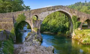 El puente del Sella, de piedra y cubierto de vegetación, cruza un río de aguas verdes rodeado de árboles frondosos.
