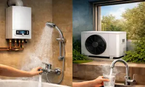 Sistema de aerotermia con radiadores: agua caliente para tu ducha y un vaso refrescante. Eficiencia y confort en tu hogar.