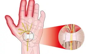 Illustrazione anatomica del tunnel carpale con nervo compresso, causa di scosse alle mani.
