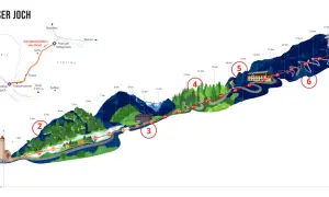 Illustration der Stilfser Joch Karte mit Serpentinen, Hotels und Höhenangaben. Die Nordostanfahrt von Prad ist hervorgehoben.