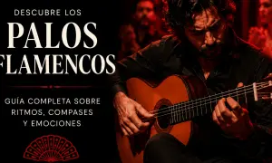 Un guitarrista flamenco toca con pasión, explorando los 10 palos del flamenco. Una guía completa sobre ritmos, compases y emociones.