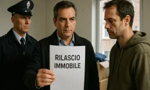Uomo mostra foglio "RILASCIO IMMOBILE" a un altro uomo, mentre un poliziotto osserva. Situazione di sfratto senza contratto.