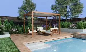 Pergola addossata in alluminio fai da te, con arredi da esterno e piscina.