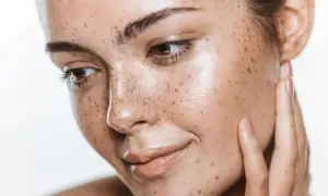 Viso con lentiggini naturali, che ricorda l'effetto dell'autoabbronzante quanto dura. Pelle luminosa e sana.
