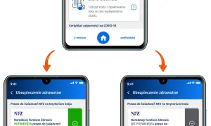 Aplikacja pokazuje, jak sprawdzić przynależność do NFZ. Jedno okno potwierdza prawo do świadczeń, drugie informuje o braku.