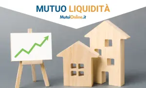 Modelli di case in legno e grafico in crescita verde su cavalletto. Mutuo liquidità per investimenti immobiliari.