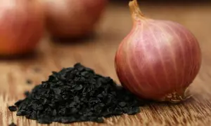 Kupa czarnych nasion cebuli obok czerwonej cebuli.