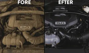 Före och efter-bild på en smutsig och en ren motor. Synliga motorns delar, inklusive "5.0"-emblemet, visar en dramatisk skillnad.