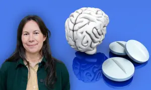 Kvinna bredvid en hjärna och piller, som symboliserar SSRI mediciner.