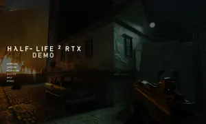 Menu gry Half-Life 2 RTX. Widać fragment broni, samochód i budynki w mroku.