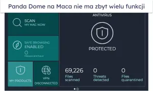Interfejs programu antywirusowego na komputer. Widoczny skanowanie, bezpieczne przeglądanie, status ochrony i liczba przeskanowanych plików.