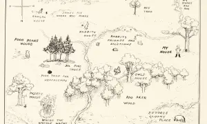 Mapa Stu Akrowego Lasu z Kubusiem Puchatkiem i przyjaciółmi. Znajdują się tu domy Kubusia, Prosiaczka, Królika, Kłapouchego, a także miejsca takie jak "Piaskownica, gdzie bawi się Kangurzyca" czy "Pułapka na Puchatki".