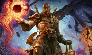 Potężny barbarzyńca z Diablo 4, emanujący mocą, tworzy ognistą kulę. Jego zbroja i broń sugerują idealny diablo 4 barbarzyńca build.