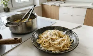Gotowy do podania talerz spaghetti cacio e pepe, obok garnek z makaronem. Prosty przepis na pyszny obiad.