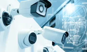Plusieurs caméras de surveillance sont montées sur un mur blanc. En arrière-plan, un visage stylisé avec des points connectés suggère la technologie de caméra ai.