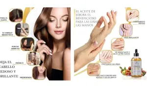 El aceite de jojoba propiedades: mejora el cabello seco, puntas abiertas, caspa, y fortalece uñas, dejándolas suaves y brillantes.