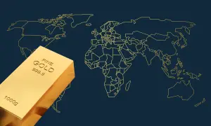 Sztabka złota na tle mapy świata. Obraz symbolizuje globalne zasoby złota i jego znaczenie w światowej gospodarce.