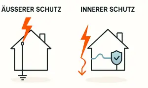 Vergleich von äußerem und innerem Blitzschutz für ein Haus: Blitzableiter leitet Strom ab, Überspannungsschutz schützt Geräte.
