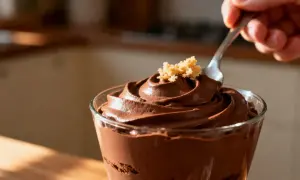 Une cuillère plonge dans une coupe de recette mousse au chocolat onctueuse, garnie de miettes dorées.