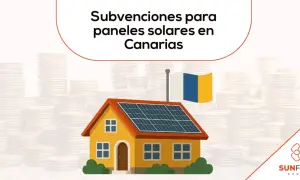 Casa con paneles solares y bandera canaria, rodeada de pilas de monedas. Subvenciones para placas solares en Canarias.