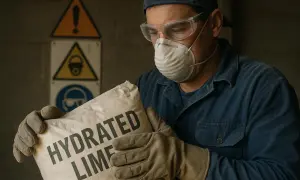 Pracownik w masce i okularach ochronnych trzyma worek z napisem "HYDRATED LIME". Czy wapno budowlane jest szkodliwe? Tak, wymaga ostrożności.