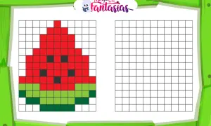 Hoja de actividades con dibujos pixel art faciles y bonitos de una sandía para colorear.
