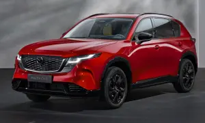 Czerwona Mazda CX-5 2026 z czarnymi felgami i detalami, prezentująca nowoczesny design SUV-a.