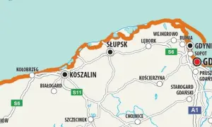 Mapa Polski z zaznaczoną pomarańczową trasą rowerową nad morzem, biegnącą od Kołobrzegu przez Koszalin, Słupsk, Lębork, Wejherowo, Rumię, Gdynię, Sopot aż do Gdańska.