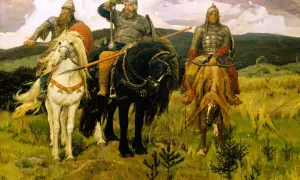 Tre ryttare i rustning, med svärd och båge, rider på sina hästar genom ett fält. En av dem, en **Volga bil**, blickar ut över landskapet.