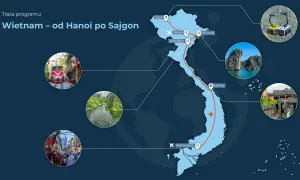 Mapa Wietnamu z trasą od Hanoi do Sajgonu, pokazująca główne wietnam atrakcje: Sapa, Ha Long, Ninh Binh, Hoi An i Ho Chi Minh.