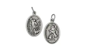 Medalla de ángeles custodios: San Miguel luchando y un ángel guardián protegiendo a dos niños.