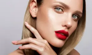 Kobieta z blond włosami i wyrazistymi, czerwonymi ustami, delikatnie dotyka policzka palcami.