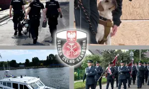 Celnik w mundurze prowadzi psa służbowego. Inni celnicy idą w szyku, a także patrolują wodę łodzią.