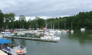 Port w Rucianem Nidzie pełen żaglówek i łodzi. W tle las i pochmurne niebo.