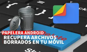 Papelera de mi teléfono: recupera archivos borrados en tu móvil. Icono de Google y papelera sobre un teclado.