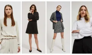 Kobiety prezentują różne stylizacje: beżowy komplet, czarna sukienka, tweedowy komplet z granatowym golfem i biała bluzka z czarnymi spodniami. Outfit check!